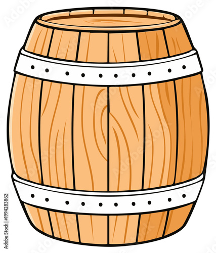 Illustration of a classic wooden barrel with metal hoops for storage or aging liquids