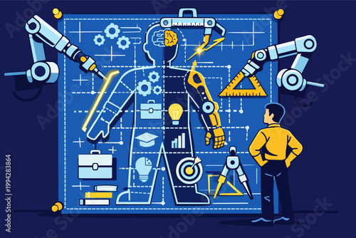 Man creating artificial intelligence human robot blueprint, engineering cyborg technology, future robotics design