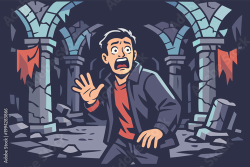 Scared man feeling fear and surprise in a dark dungeon, exploring ancient gothic ruins with danger