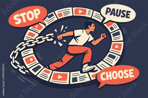 Man running inside a circular track of social media content, breaking free from chains, choosing to stop and pause digital life