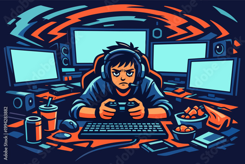 Focused gamer holding controller, playing video games online, surrounded by multiple monitors in a dark room