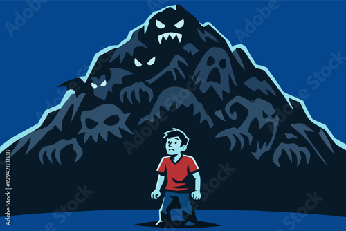 Young boy standing scared facing his fears and anxieties, many monsters forming dark shadows behind him