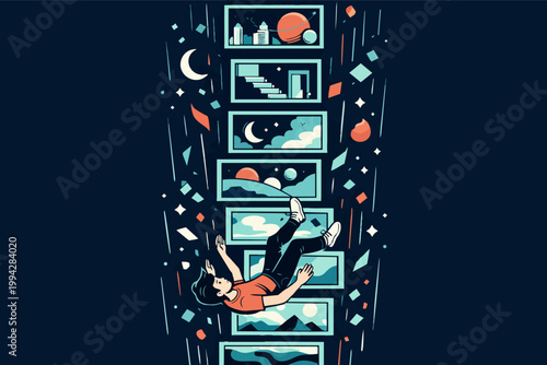 Man falling through a cascade of vivid memories and surreal dreams, life flashing, past, present, future