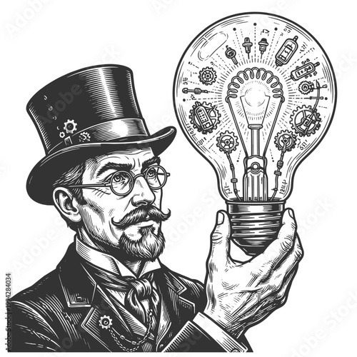 Victorian gentleman holding a symbolic light bulb filled with gears, innovation, invention, and creative thinking sketch engraving generative ai vector illustration. Scratch board. Black and white.