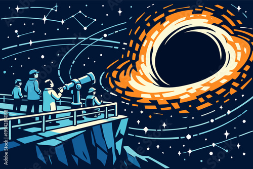 Family observing a black hole and event horizon through a large telescope at a stargazing platform