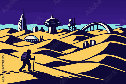 Solo hiker exploring a futuristic desert city landscape, trekking past sand dunes and sci-fi architecture under a purple sky