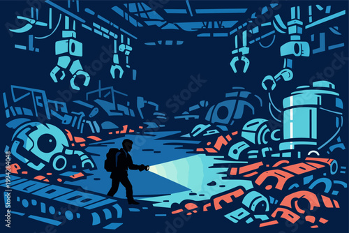 Person navigating a vast, dark industrial wasteland filled with broken robots and scrap metal, illuminating the derelict machinery