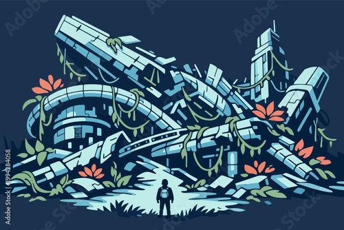 Explorer discovering abandoned city ruins overgrown with vegetation, representing future ecology and reclaimed nature