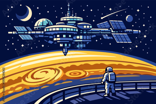 Astronaut watching a gas giant planet from a futuristic space station, exploring far solar systems and the unknown cosmos