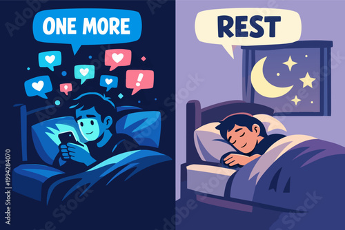 Man staying up late using phone connected to social network instead of sleeping, highlighting impact on night rest and digital balance