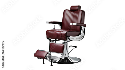 Obraz na plátně Burgundy Leather Barber Chair with Chrome Base and Footrest