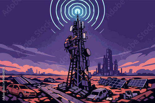 Solitary survivor climbing communication tower, restoring signal in post-apocalyptic wasteland, generating waves of hope