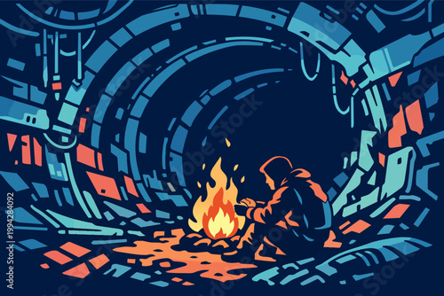 Surviving in a forgotten futuristic subway tunnel, finding solace by a warm campfire in a dystopian underground world