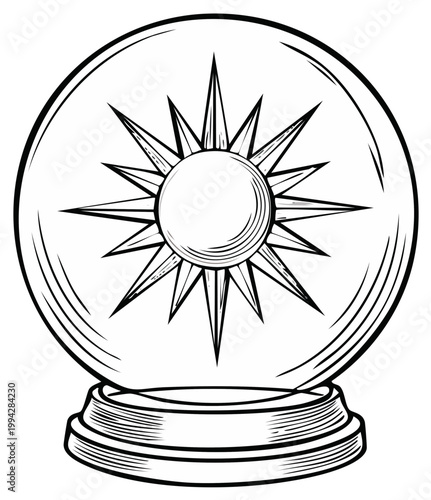 Monochrome line art of a fortune teller's crystal ball with a star symbol inside for divination and future telling.
