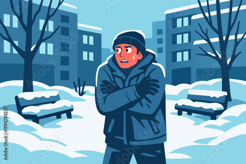 Man shivering crossing arms feeling cold in winter city experiencing freezing temperature and hypothermia
