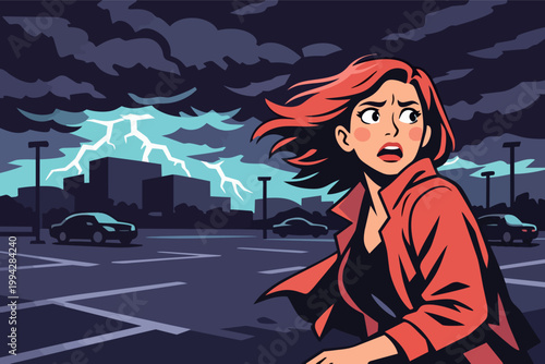 Woman feeling fear and danger during a thunderstorm with lightning striking buildings at night in a parking lot