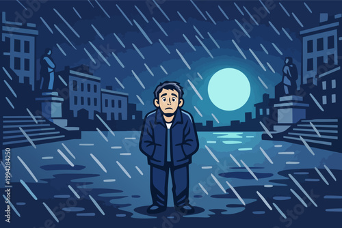 Man feeling sad and alone, standing in city square during a melancholic night rain under a full moon