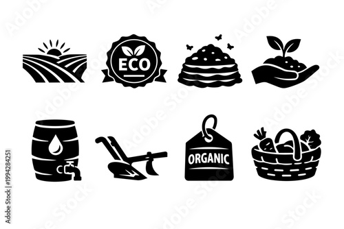 Eco organic farming and agriculture icons set for sustainable growth concepts