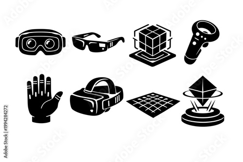 Virtual reality and augmented reality technology icons, metaverse elements set