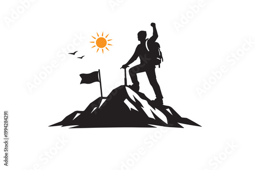 Mountain Climber Silhouette Reaching Peak Success Achievement Concept