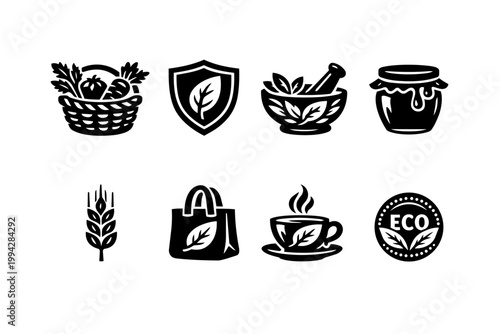 Organic food and natural product icons set symbolizing health and sustainability