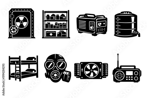 Survival gear and bunker essentials with gas mask and shelter elements