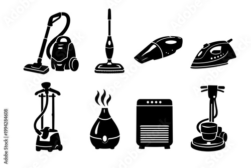 Household appliance silhouettes set including vacuum cleaners, iron, and humidifier