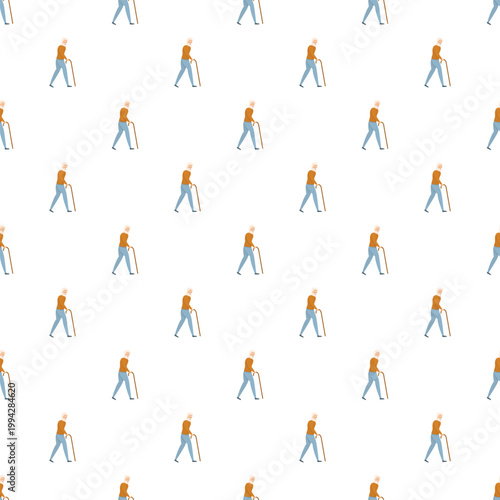 Seamless pattern with an elderly man walking and using a cane