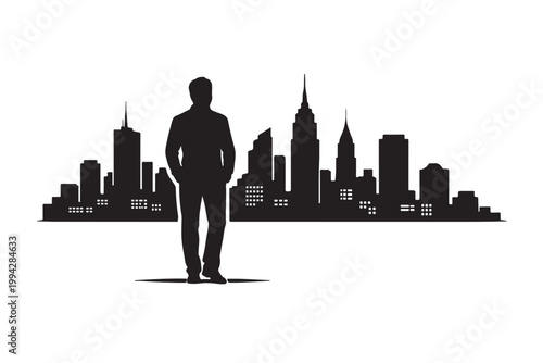 City Skyline Silhouette Person Standing Urban Background View