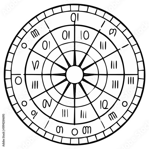 Astrological wheel chart with zodiac symbols and numerical divisions in a circular design