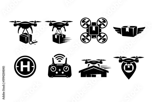 Drone delivery and logistics set: flying quadcopter drones transporting packages