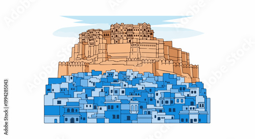 Vast orange fort towering over a dense cluster of blue buildings under a wispy sky