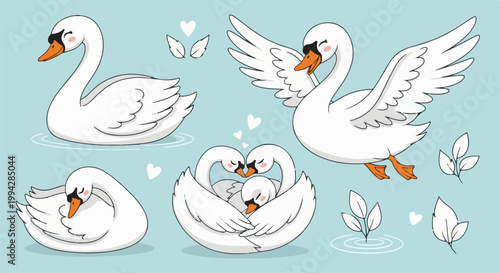 Various white swans in different poses, some with chicks, on a light blue background with hearts and leaves