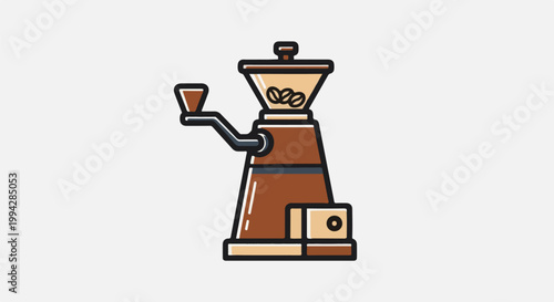 Vintage-style coffee grinder with beans in hopper, manual crank, and draw