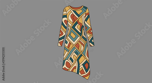 Vintage-inspired midi dress with asymmetrical hem and bold geometric pattern