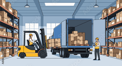 Warehouse workers load boxes onto a truck using a forklift and managing inventory
