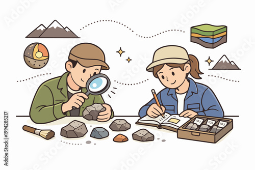 Geologists analyzing rock samples and studying earth science concepts