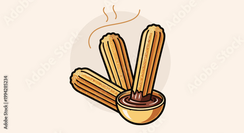 Warm, golden churros with crispy ridges are dipped in rich chocolate sauce, with steam rising