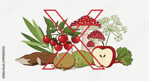 Various edible and poisonous items are depicted with a red cross over them