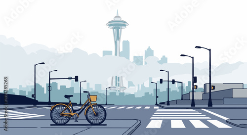 Urban street scene with a bike, crosswalk, and skyline featuring a prominent tower
