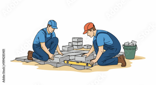 Two workers in overalls and caps lay pavers, using a spirit level for accuracy