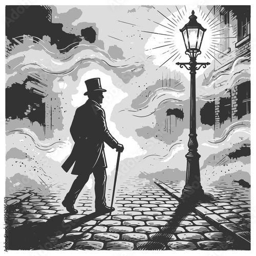 Victorian man with cane walking through a foggy cobblestone street under a glowing gas lamp sketch engraving generative ai vector illustration. Scratch board imitation. Black and white image.