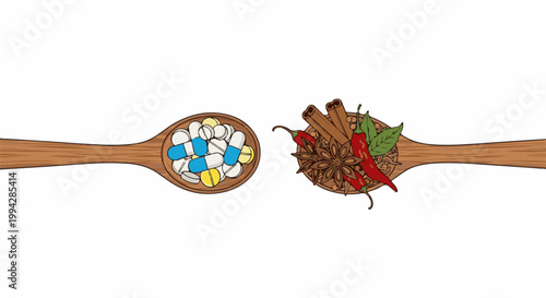 Two wooden spoons, one filled with pills, the other with spices