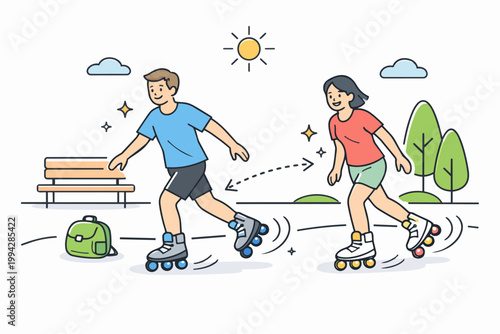 Couple rollerblading in park, enjoying active outdoor summer lifestyle