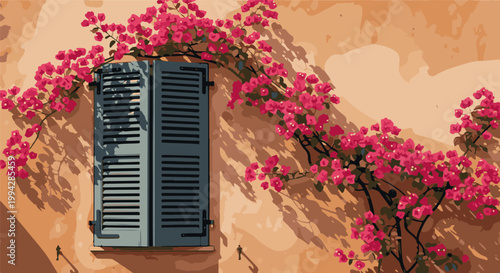 Vibrant pink bougainvillea cascades over a shuttered window on a warm, textured wall
