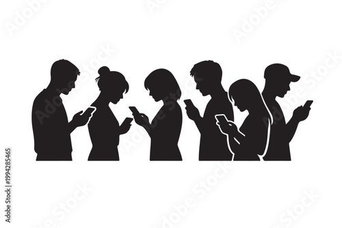 Smartphone Addiction Silhouette People Using Mobile Phones Together