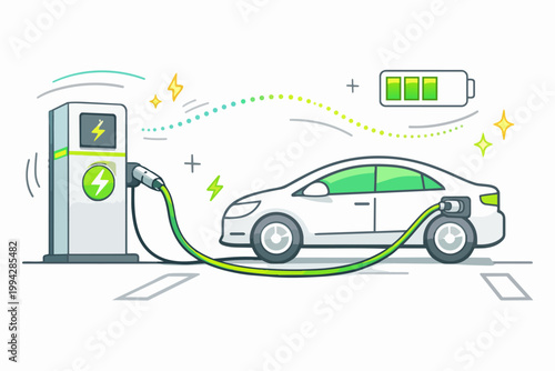Electric car charging at a station, prioritizing green energy transportation