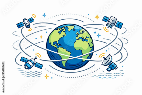 Earth globe with communication satellites orbiting, showing global networking technology