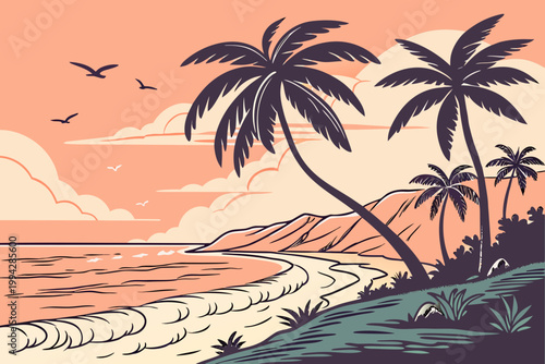Flat vector tropical beach with palm trees, ocean waves, and sunset.