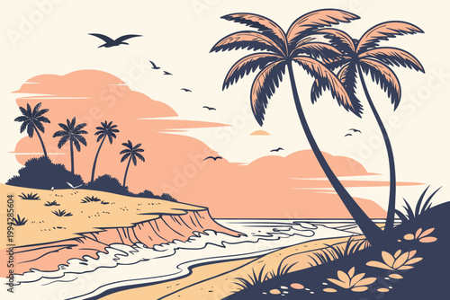 Flat vector tropical beach with palm trees, ocean waves, and sunset.